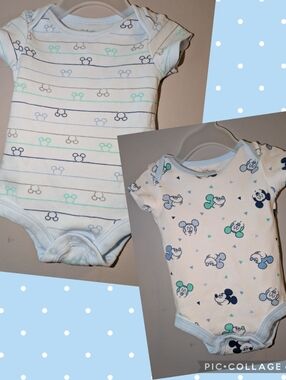 💙 Disney Baby Short-Sleeve One-Piece Bodysuit Bundle White Blue Green 0-3 Month